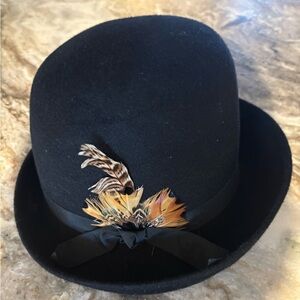Black Bowler/ Annie Hall style  Hat with Feather Accent